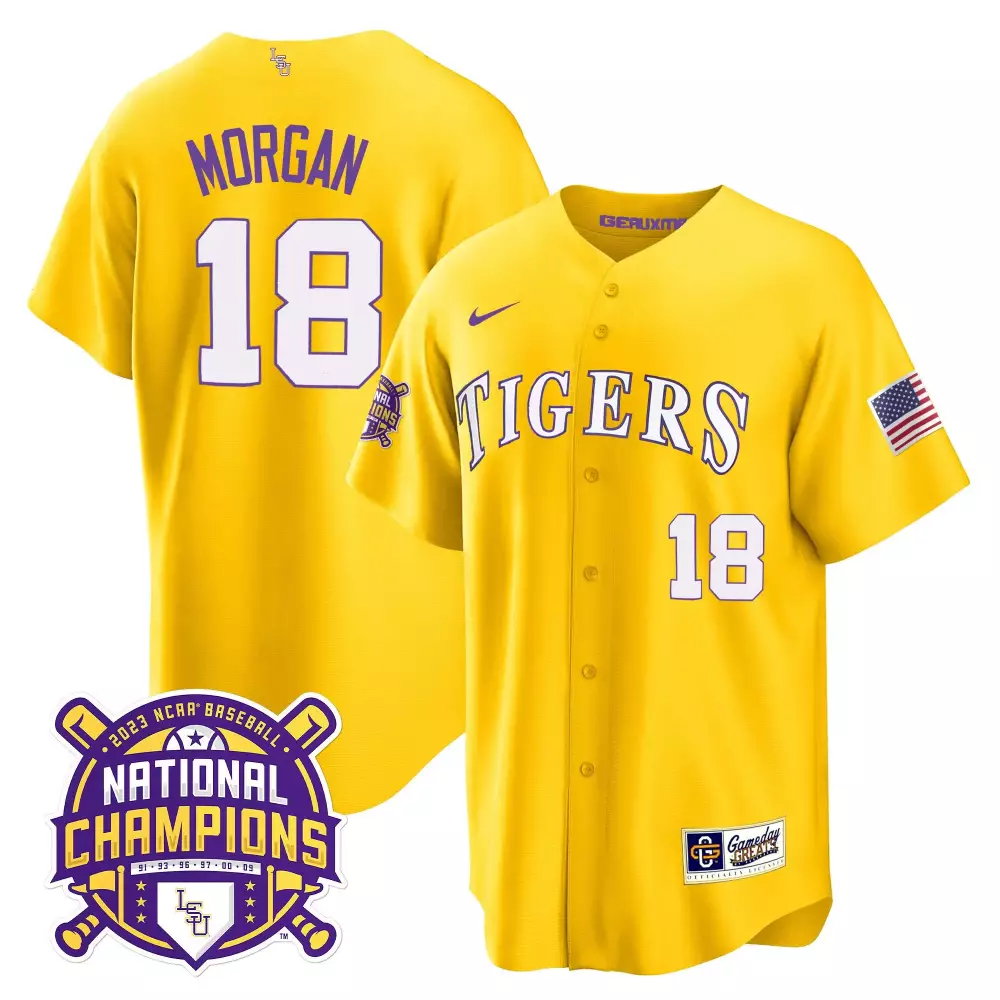 Tre Morgan 18 Lsu Tigers Jersey Yellow 2023 National Champions Baseball Men Purple
