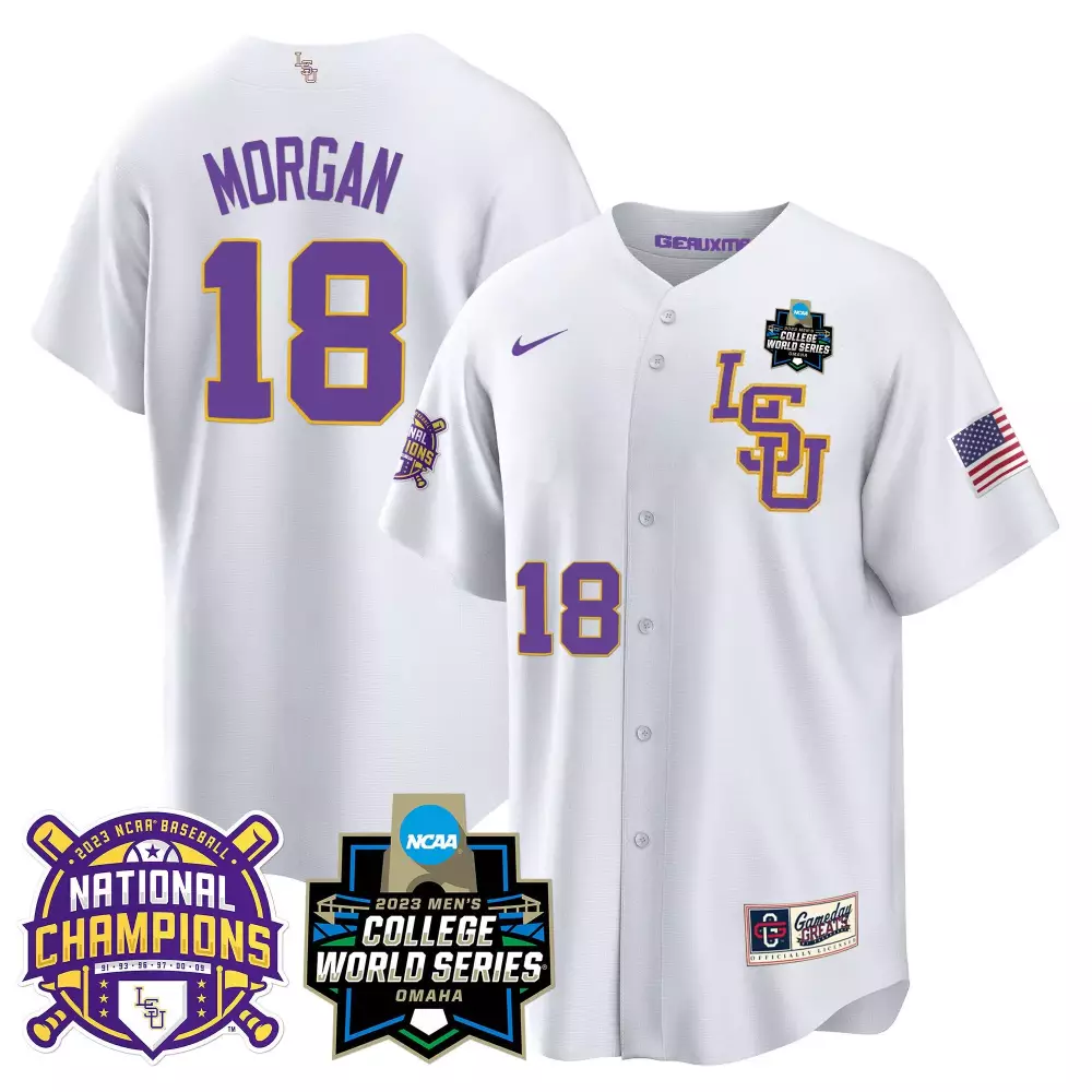 Tre Morgan 18 Lsu Jersey White 2023 College World Series Baseball National Champions