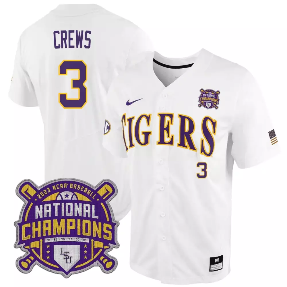Dylan Crews 3 Lsu Tigers Jersey White 2023 Baseball National Champions Men Purple
