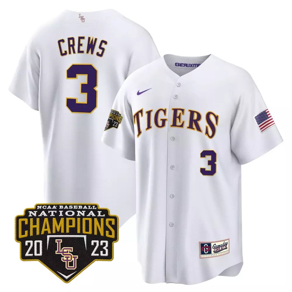 Dylan Crews 3 Lsu Tigers Jersey White 2023 Ncaa National Champions Baseball American Flag