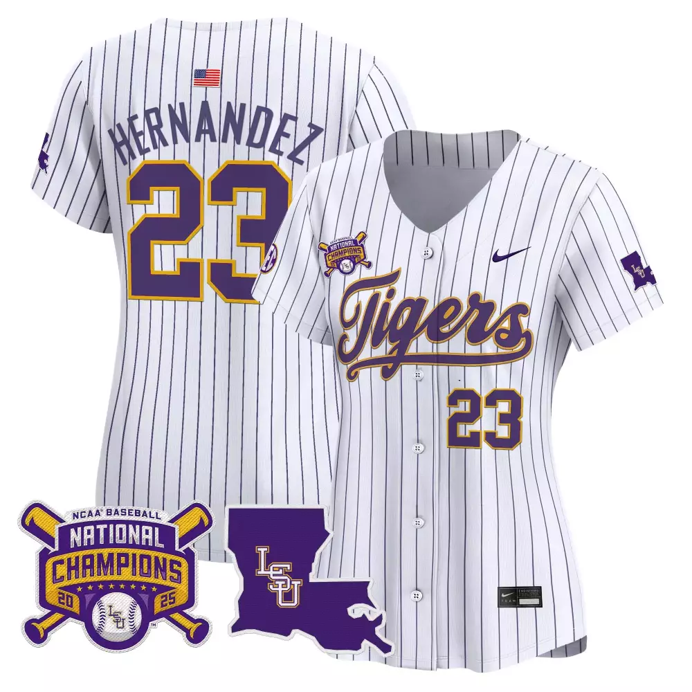 Hernandez 23 Lsu Tigers Jersey White 2023 National Champions Baseball Purple Gold