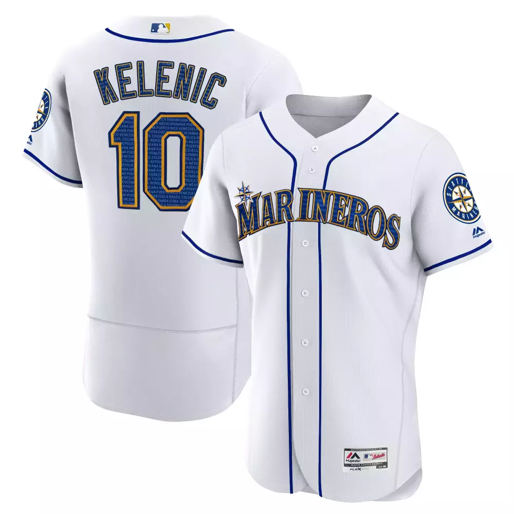 Jarred Kelenic 10 Mariners Jersey White Majestic Athletics Men Blue Gold Heritage