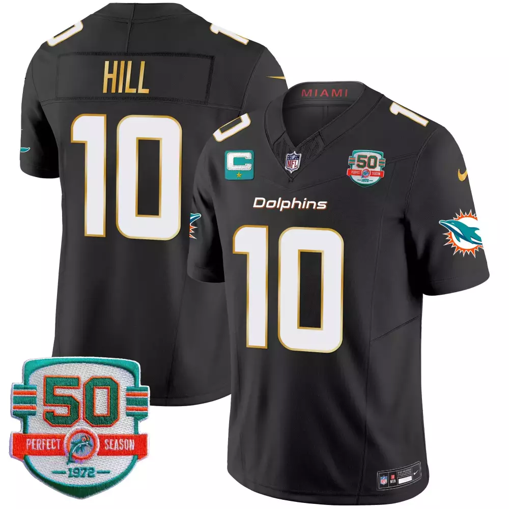 Tyreek Hill 10 Miami Dolphins Jersey Black 50th Perfect Season 1972 2022 Men NFL