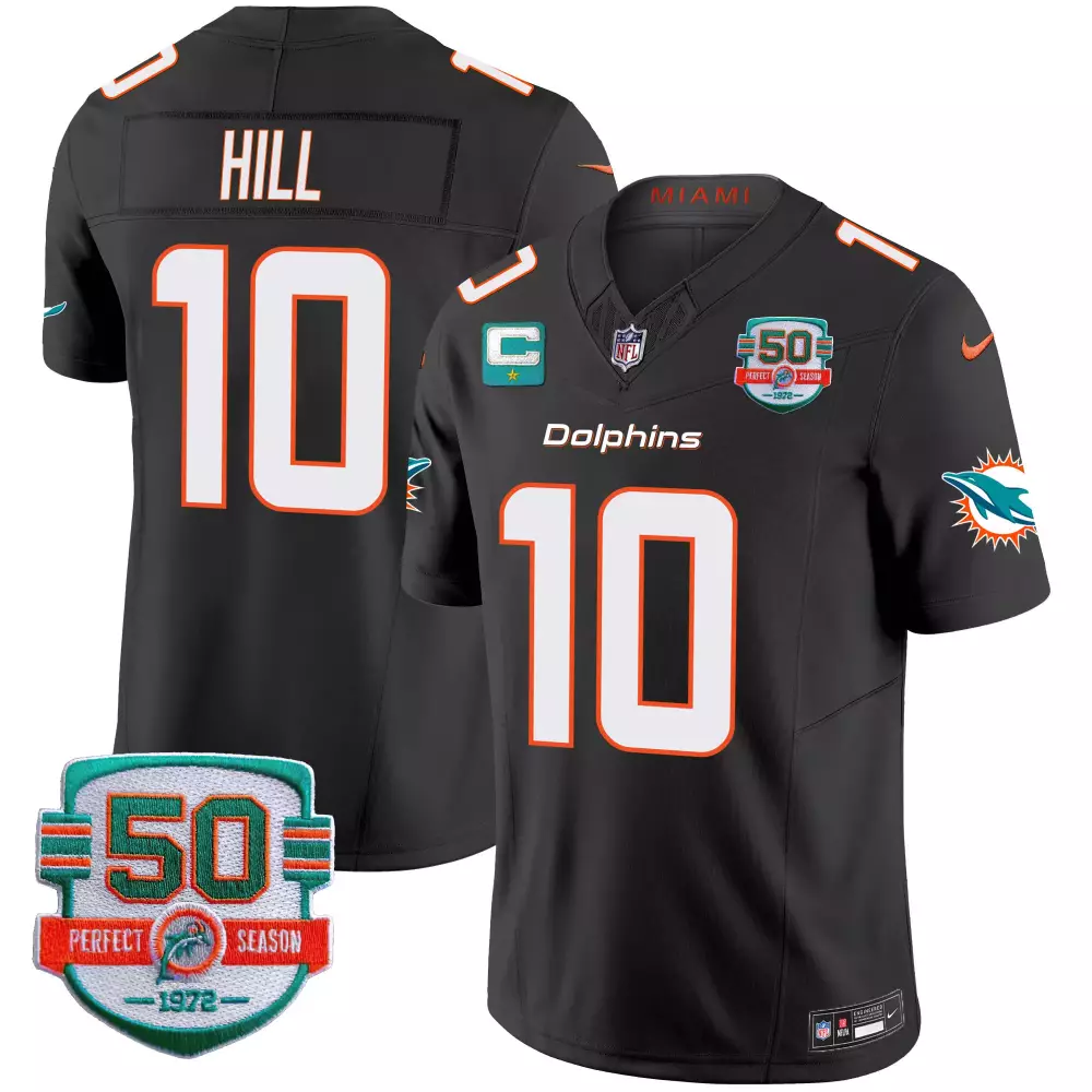 Tyreek Hill 10 Dolphins Jersey Black 50th Perfect Season 1972 Men Player Orange White
