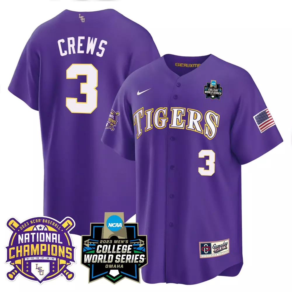 Dylan Crews 3 Lsu Tigers Jersey Purple College World Series 2023 Baseball National Champions American Flag