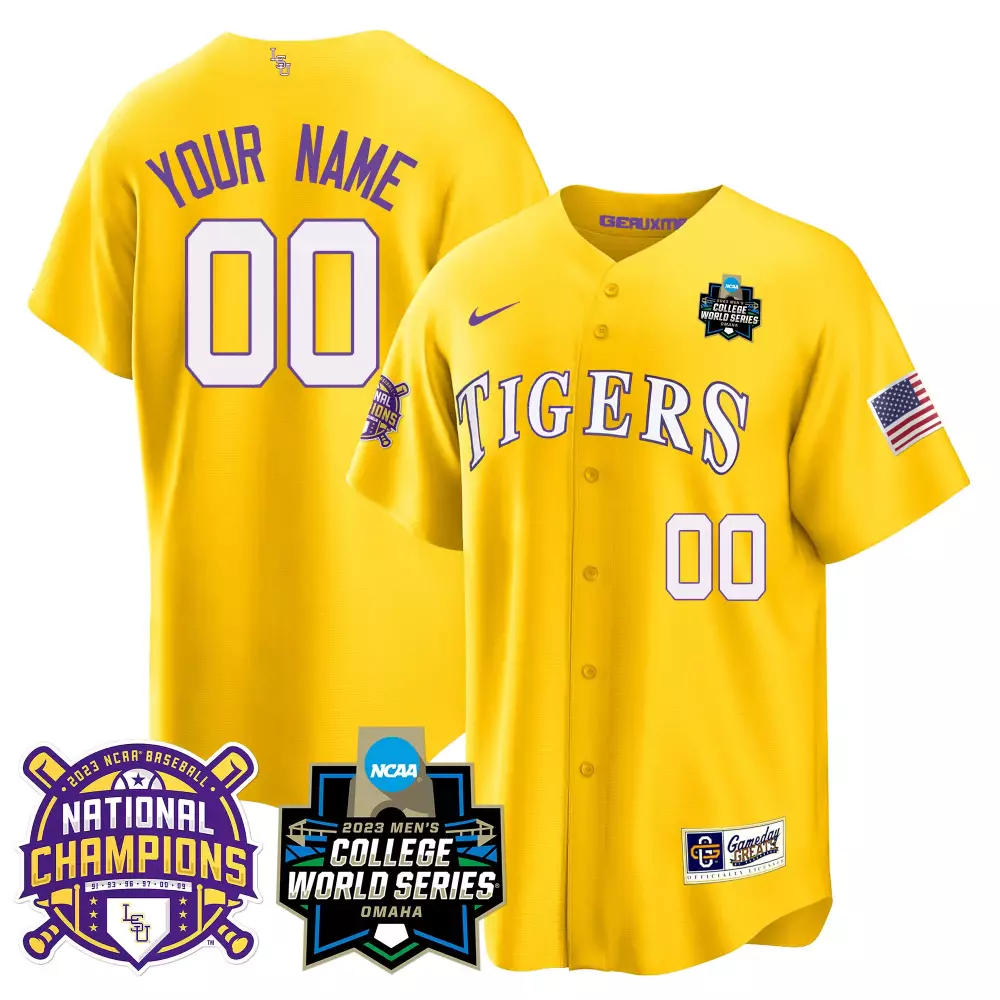 Custom Lsu Tigers Jersey Yellow 2023 College World Series National Champions USA Flag