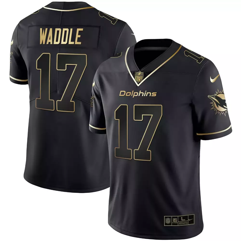 Jaylen Waddle 17 Dolphins Jersey Black Men Gold All Stitched
