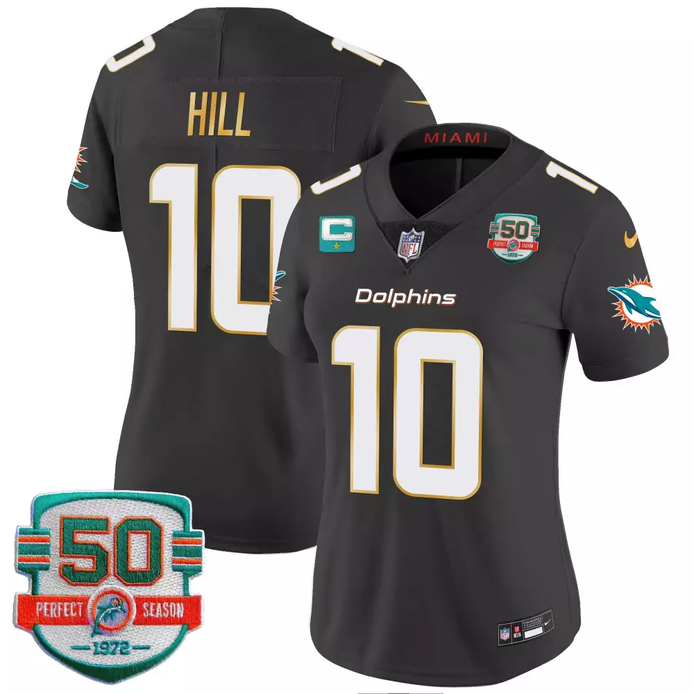 Tyreek Hill 10 Dolphins Jersey Black 50th Anniversary 50 Perfect Season 1972 Women