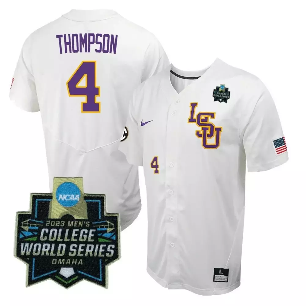 Thompson College 4 Lsu Jersey White World Series 2023 Men Purple Gold v2 All Stitched