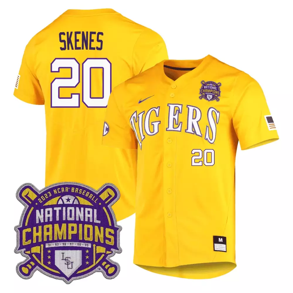Paul Skenes 20 Lsu Tigers Jersey Yellow 2023 National Champions Baseball Men Purple