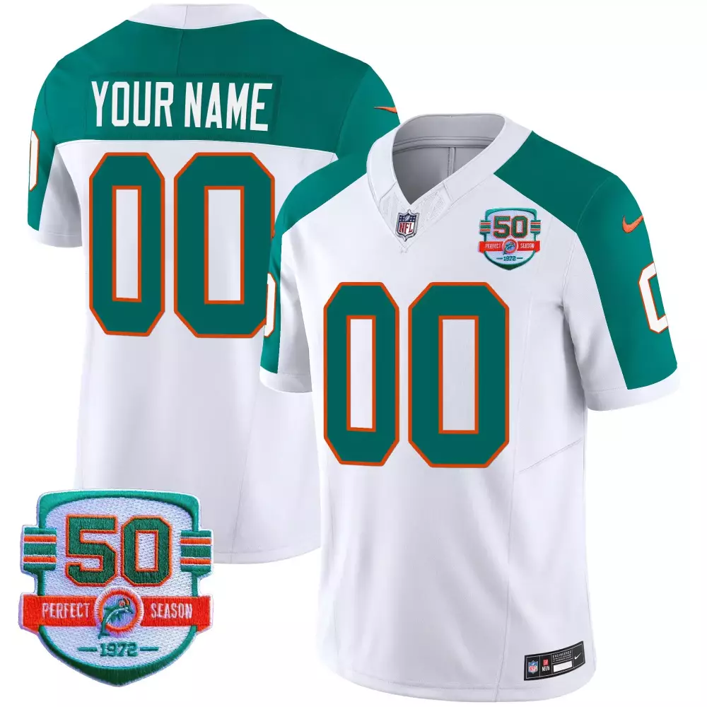 Custom Miami Dolphins Jersey White 50th Anniversary Perfect Season 50 1972 Men Teal