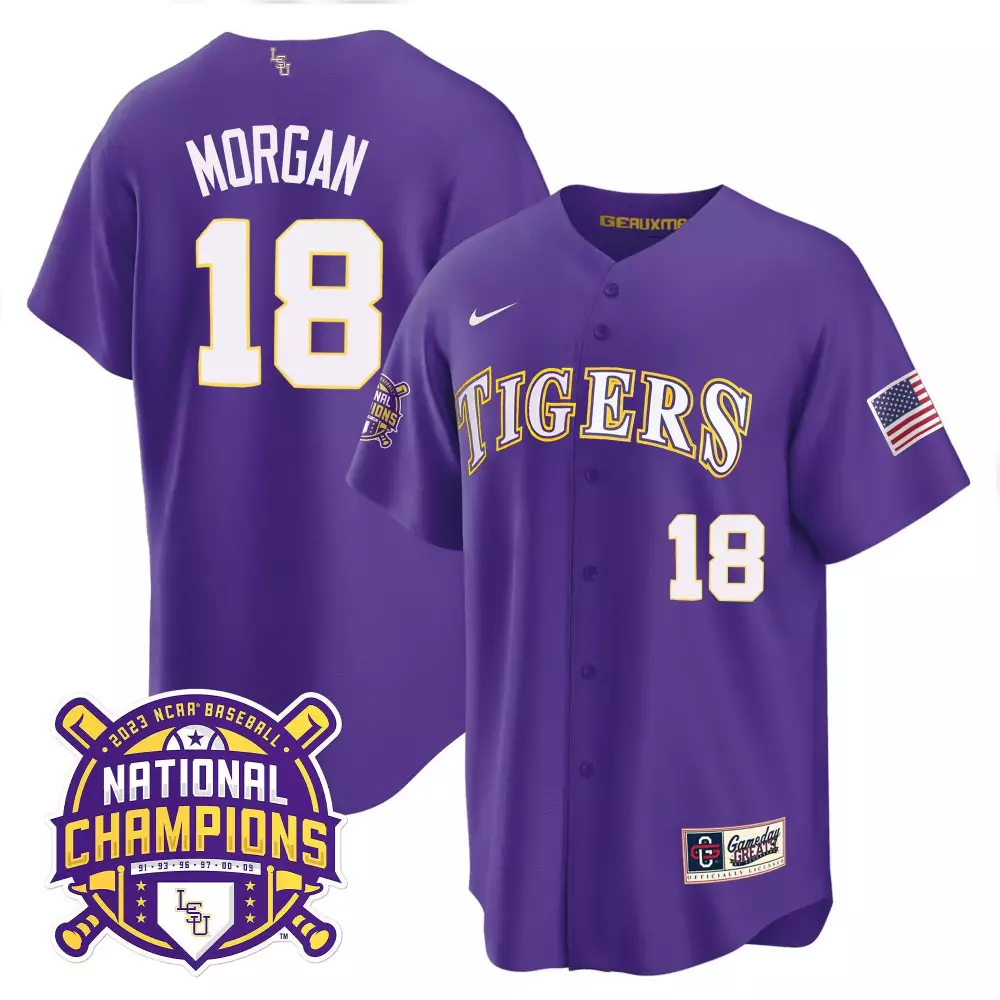 Tre Morgan 18 Lsu Tigers Jersey Purple 2023 National Champions Baseball Men Yellow