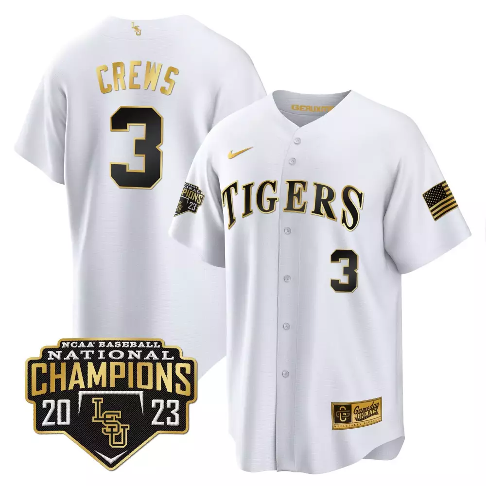 Dylan Crews 3 Tigers Jersey White Ncaa Baseball National Champions 2023 American Flag