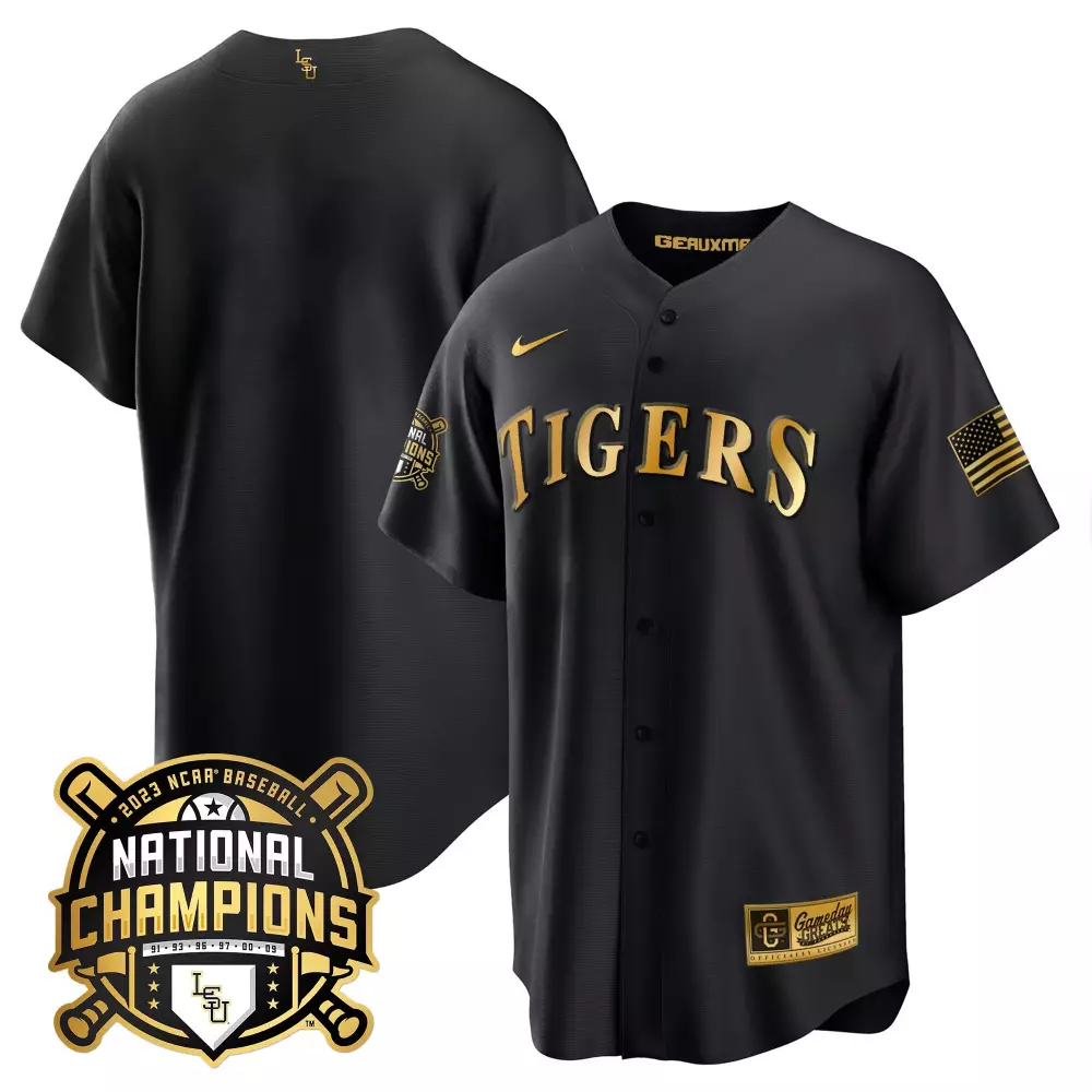 Lsu Tigers Jersey Black National Champions 2023 Baseball American Flag Men Gold Limited