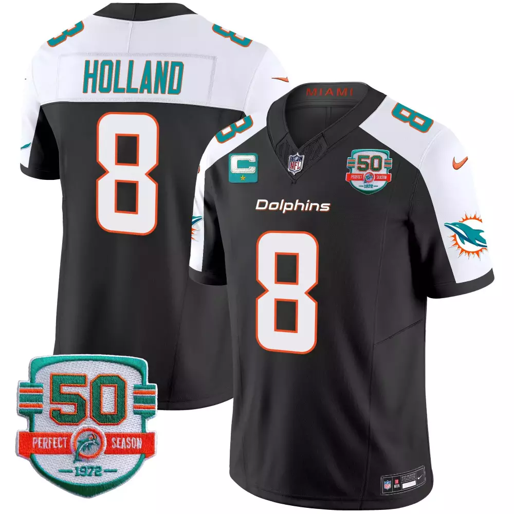 Jevon Holland 8 Dolphins Jersey Black 50 Perfect Season 1972 Men NFL White Orange