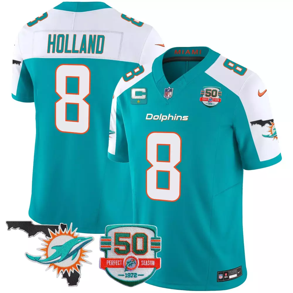 Jevon Holland 8 Dolphins Jersey Teal Perfect Season 50th Anniversary 1972 Florida Outline 2022