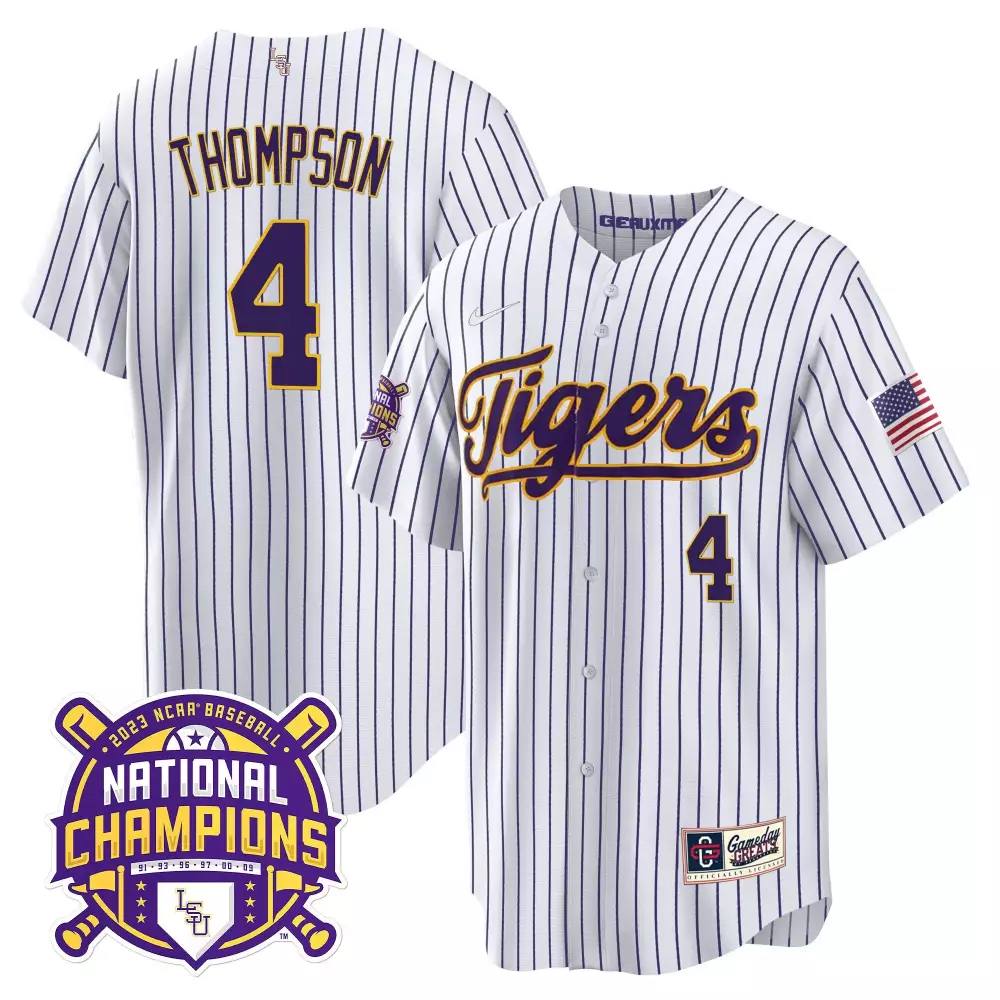 Thompson Pinstripe 4 Lsu Tigers Jersey White 2023 Baseball National Champions American Flag