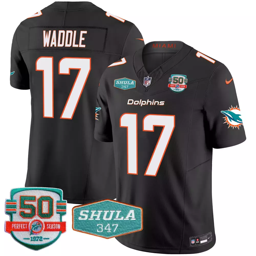 Jaylen Waddle 17 Dolphins Jersey Black 50th Anniversary Shula 347 50 Perfect Season 1972 2022