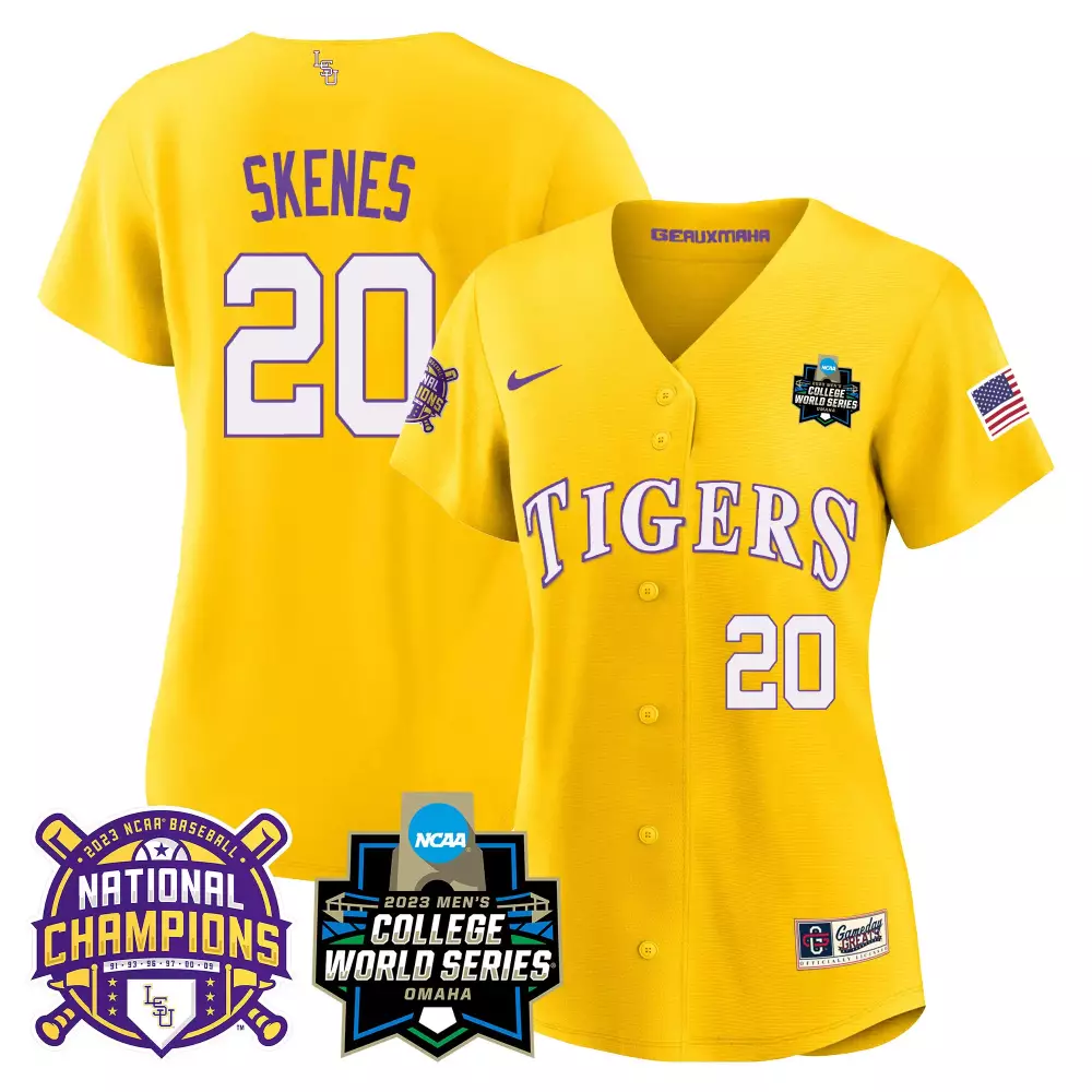 Paul Skenes 20 Lsu Tigers Jersey Yellow 2023 Men's College World Series Baseball National Champions