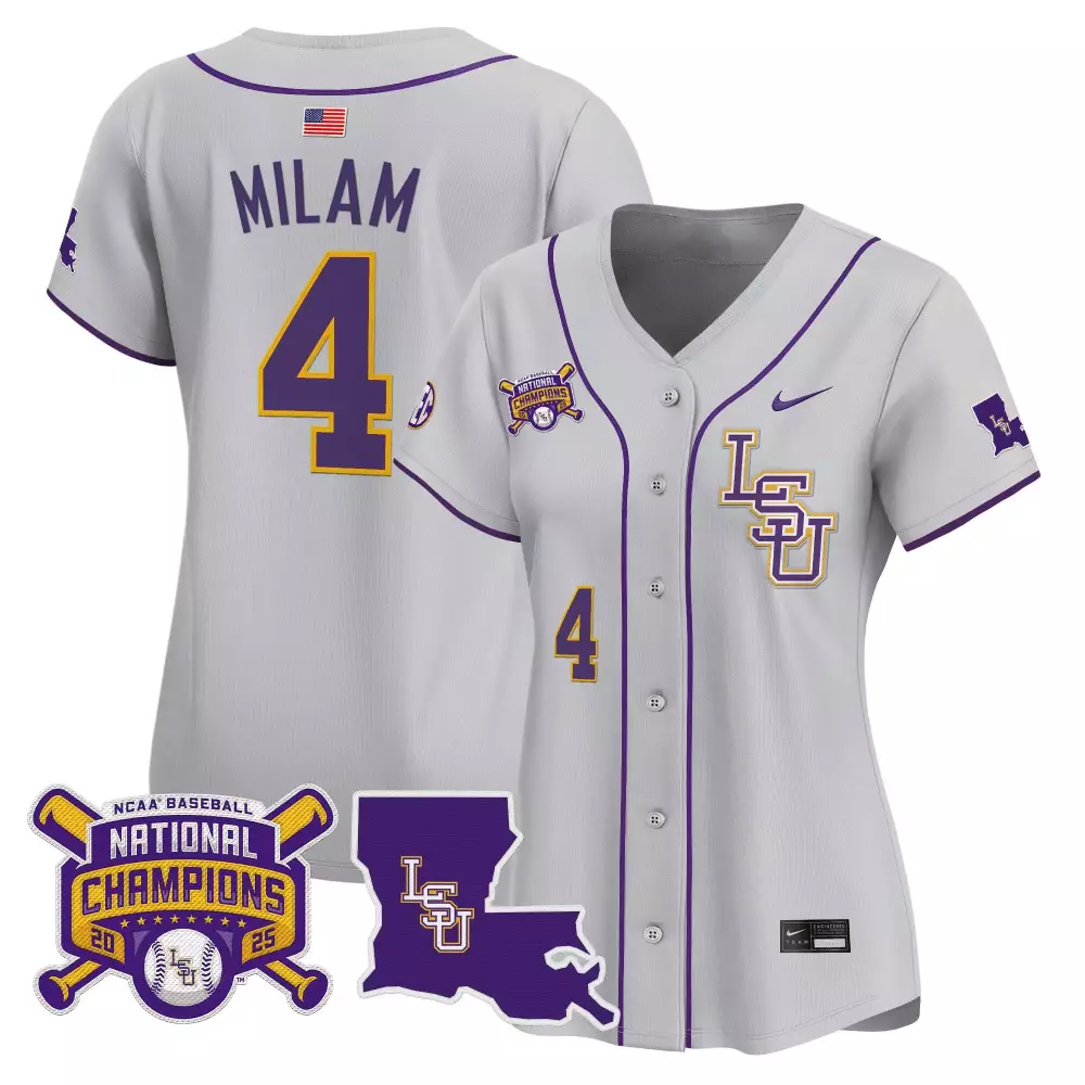Kevin Milam 4 Lsu Jersey Grey National Champions Baseball 2025 Women Purple Gold