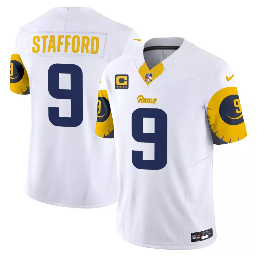 Matthew Stafford 9 Rams Jersey White Men NFL Navy Blue Gold Vapor Limited All Stitched