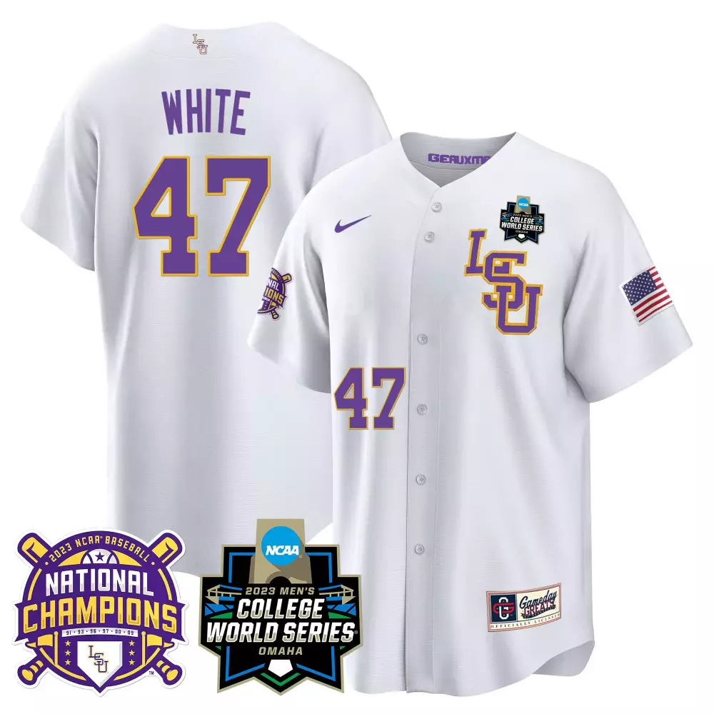 Eli White 47 Lsu Jersey 2023 College World Series Baseball National Champions USA Flag