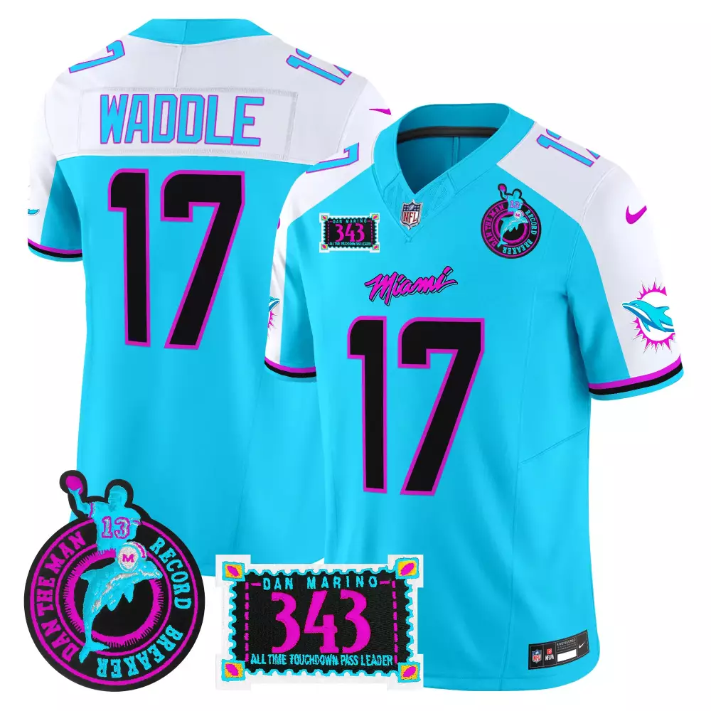 Jaylen Waddle 17 Miami Dolphins Jersey Aqua Throwback Dan Man Record Breaker Men