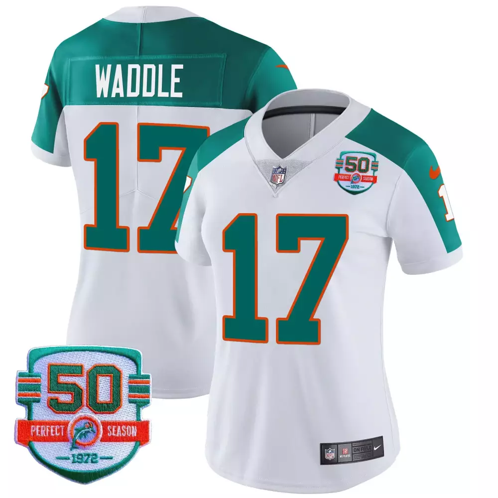 Jaylen Waddle 17 Miami Dolphins Jersey White 50th Perfect Season 1972 Women Alternate