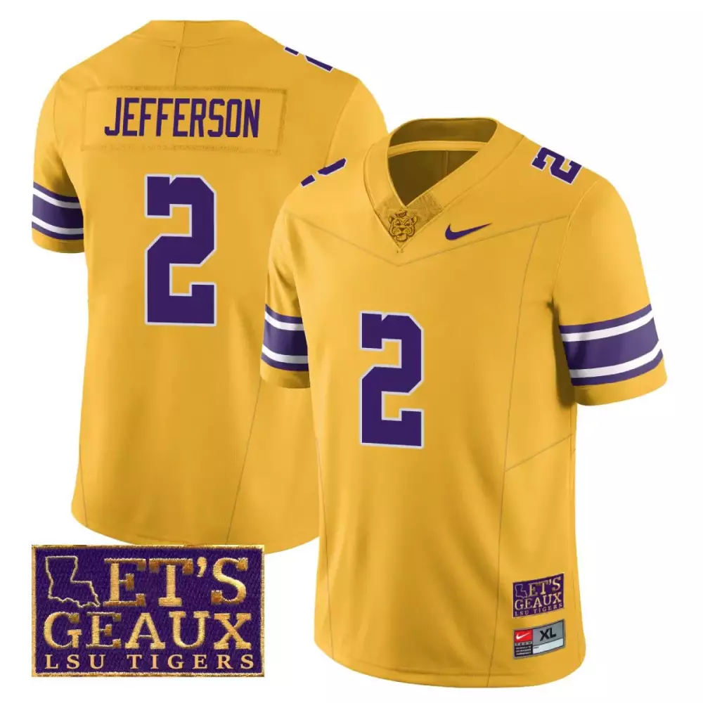 Justin Jefferson 2 Lsu Tigers Jersey Gold Let's Geaux Men Purple All Stitched