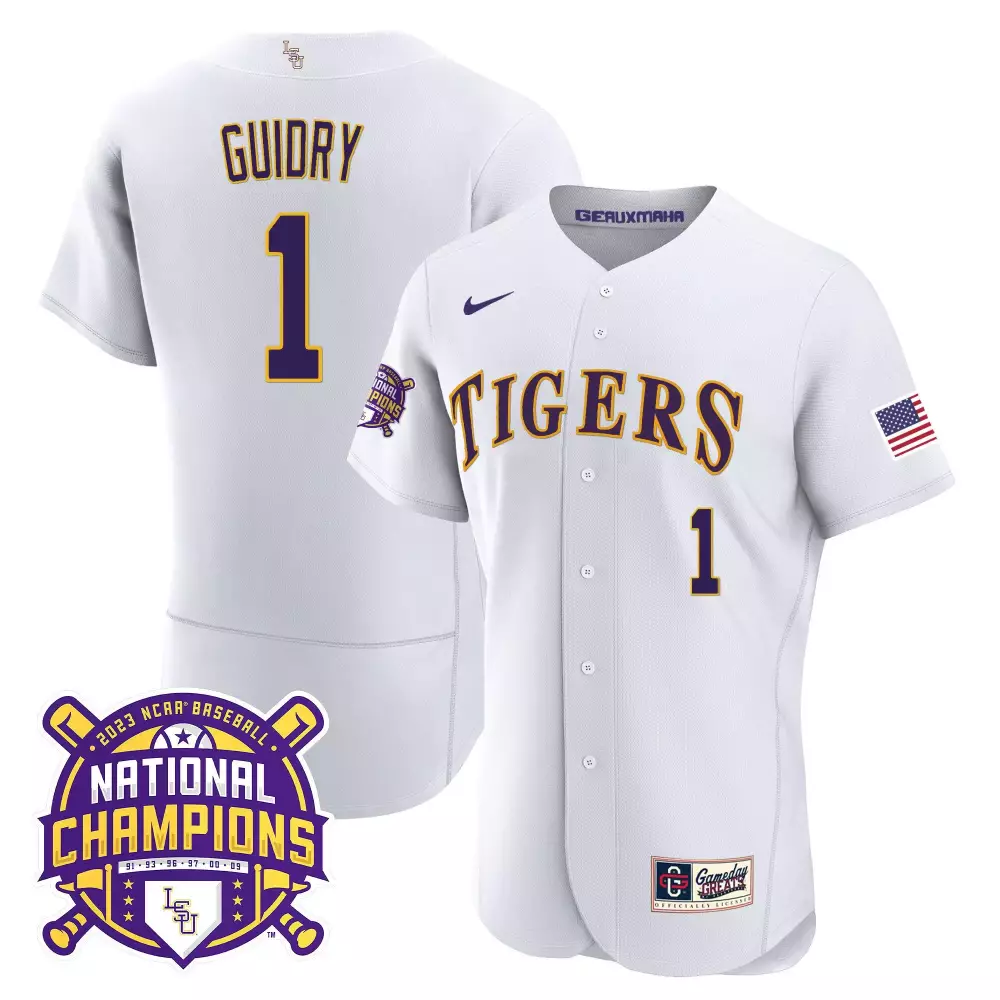 Weylin Guidry 1 Lsu Tigers Jersey White 2023 Baseball National Champions Us Flag