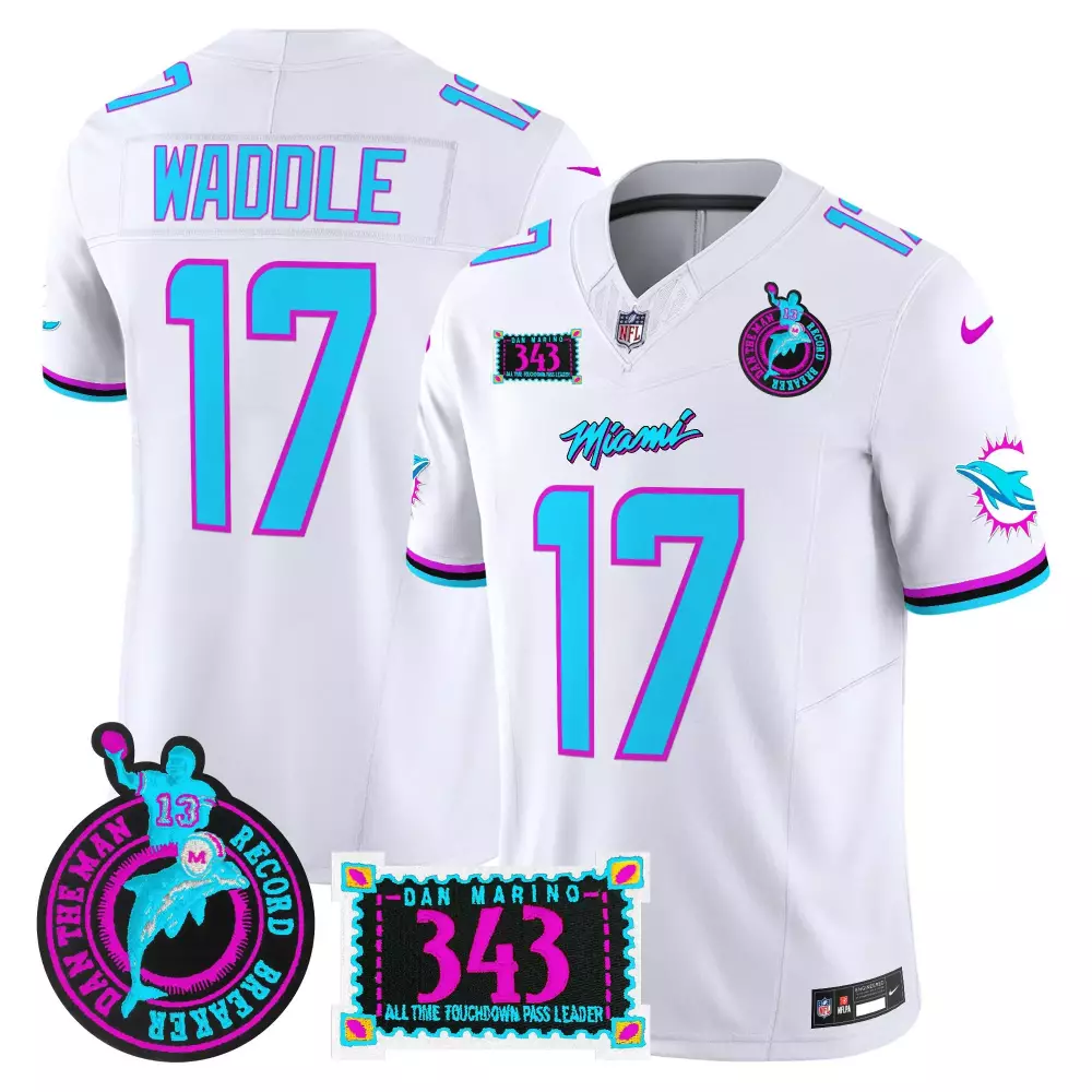 Jaylen Waddle 17 Miami Dolphins Jersey White Aqua And Pink Alternate Dan Man Record Breaker