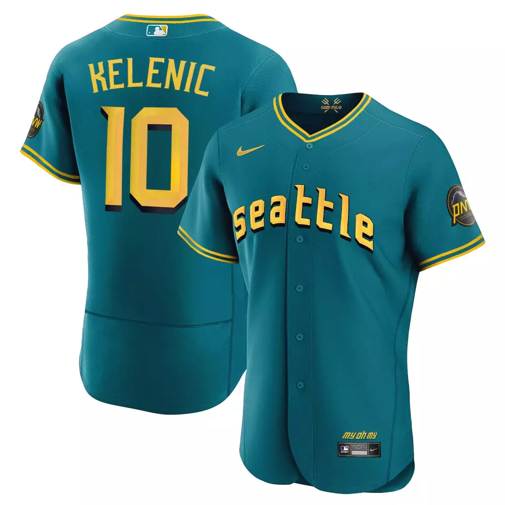 Jarred Kelenic 10 Jersey Teal Pnw Seattle Mariners Men Yellow White Flex Collection