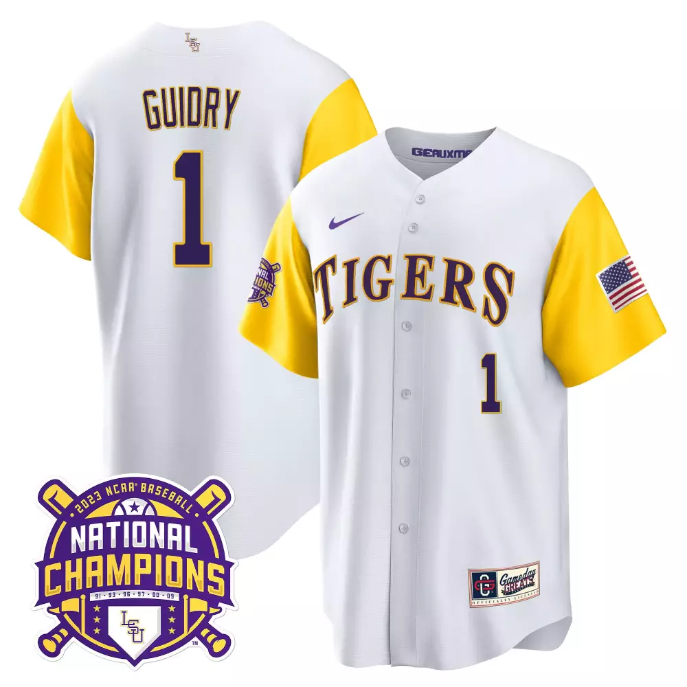 Weylin Guidry 1 Tigers Jersey White 2023 Ncaa Baseball National Champions Geaux Meaux