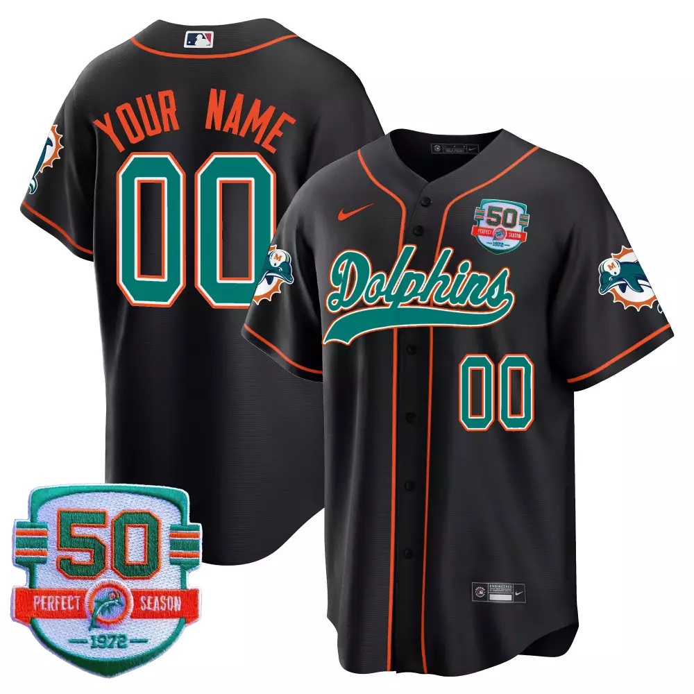 Custom Miami Dolphins Jersey Black 50th Anniversary 50 Perfect Season 1972 Men Teal