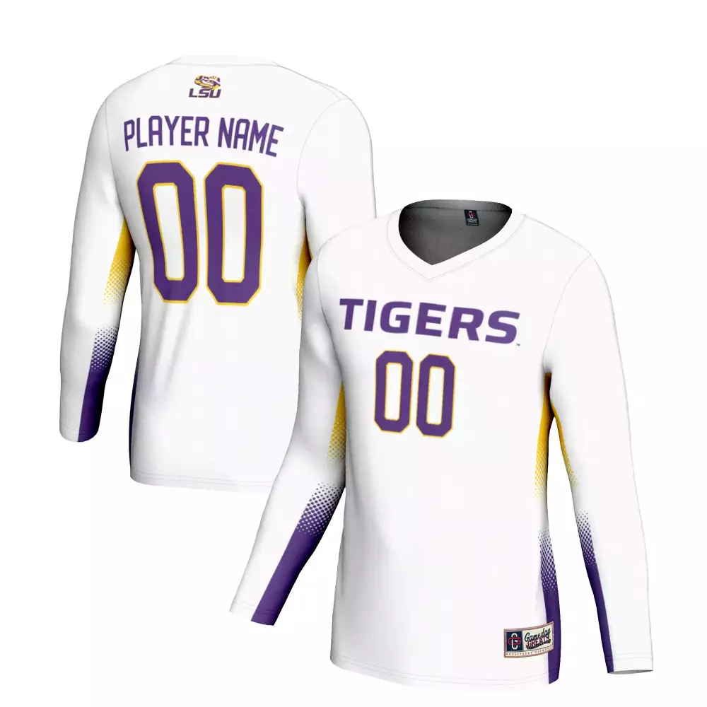 Lsu Tigers Jersey White Long Sleeve T-shirt Split Design Purple Yellow All Stitched