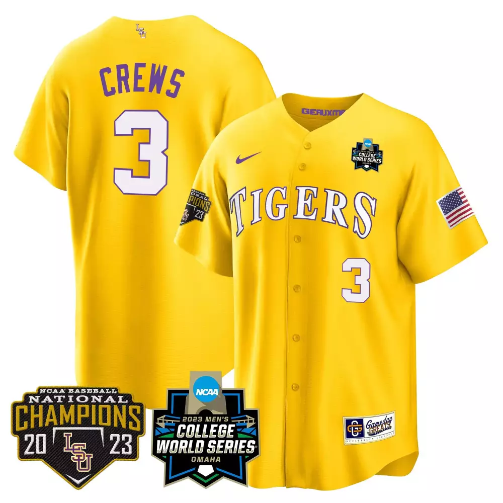 Dylan Crews 3 Lsu Tigers Jersey Yellow 2023 College World Series Baseball National Champions Us Flag