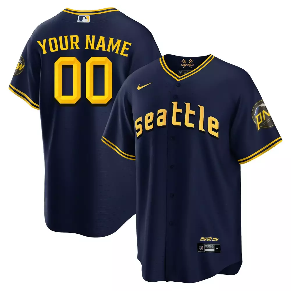 Custom Seattle Mariners Jersey Navy Blue Sodo Mojo Men Yellow Cool All Stitched