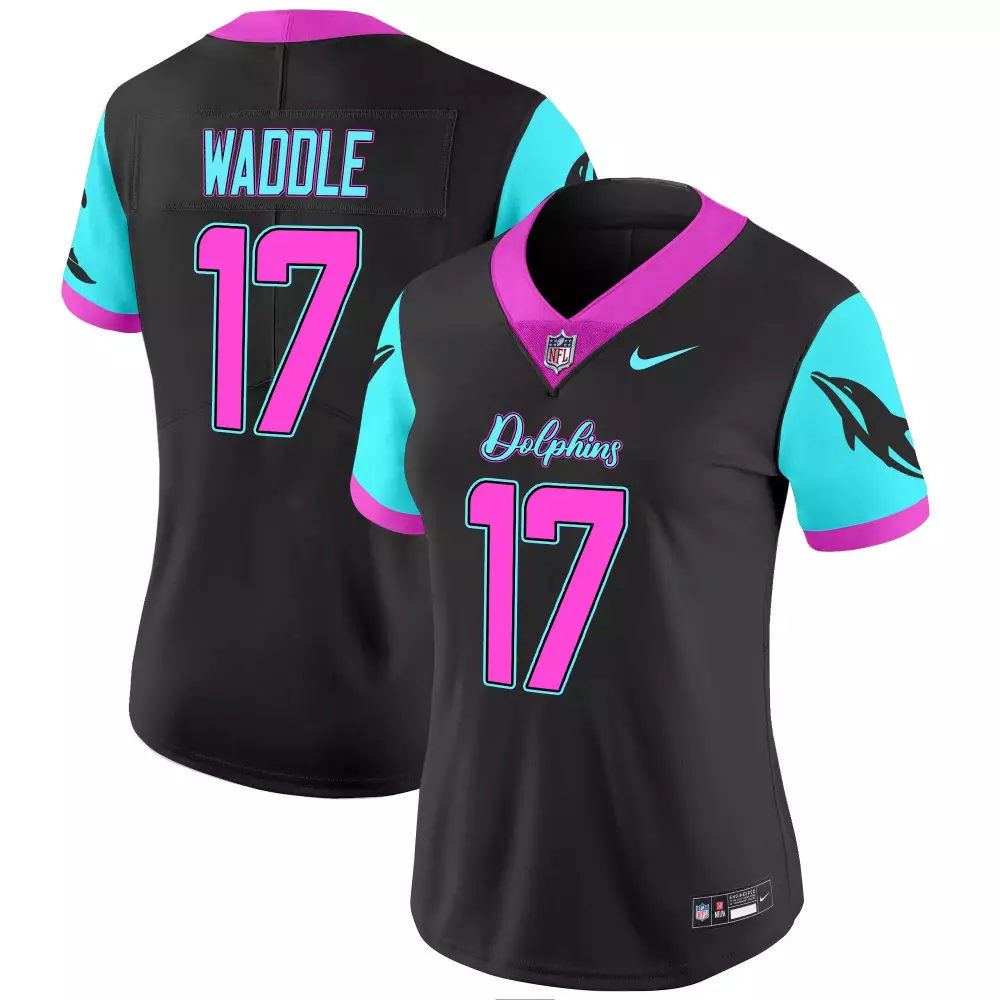 Jaylen Waddle 17 Dolphins Jersey Black Women Alternate Aqua Pink Vapor Limited All