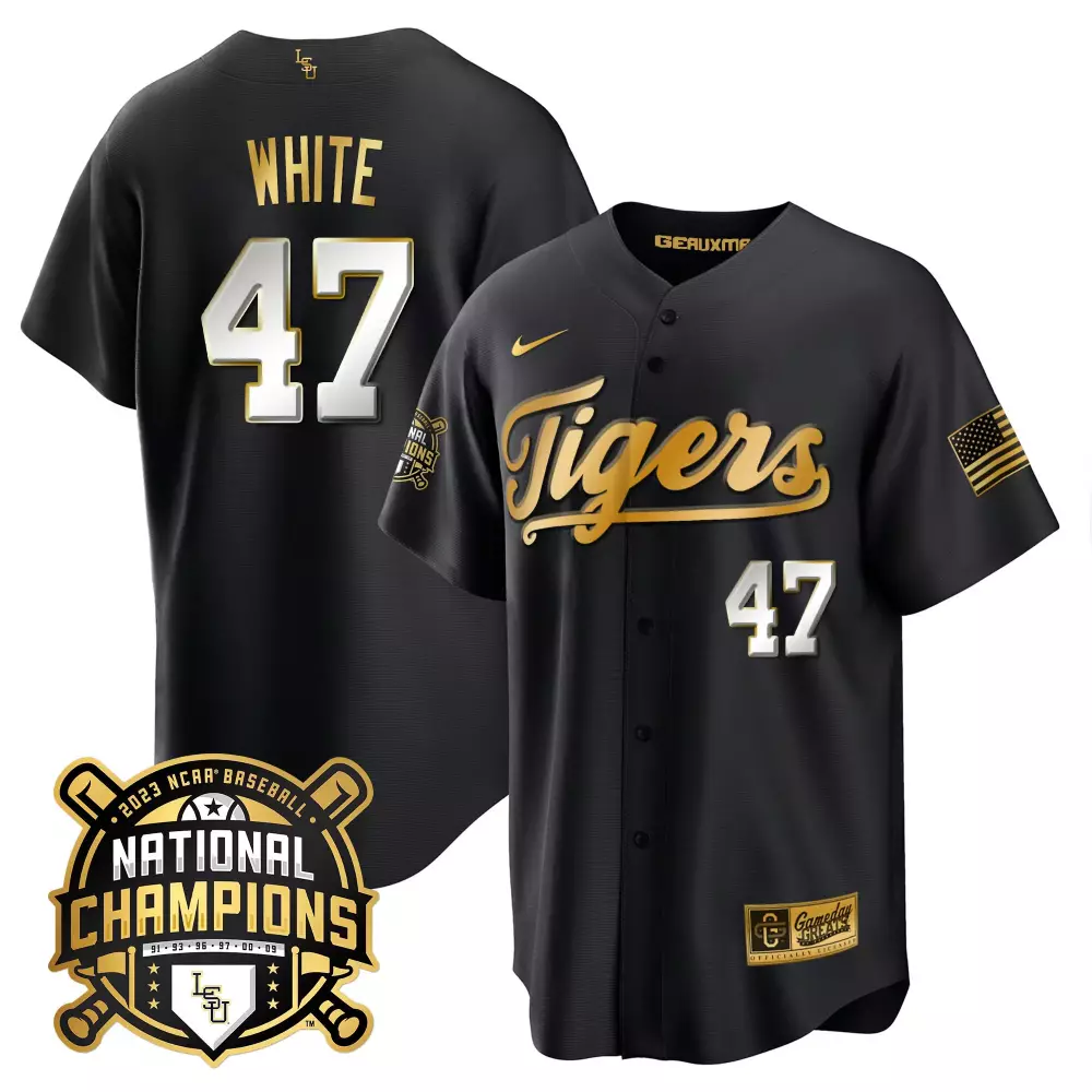 Eli White 47 Tigers Jersey Black 2023 Baseball National Champions American Flag Men