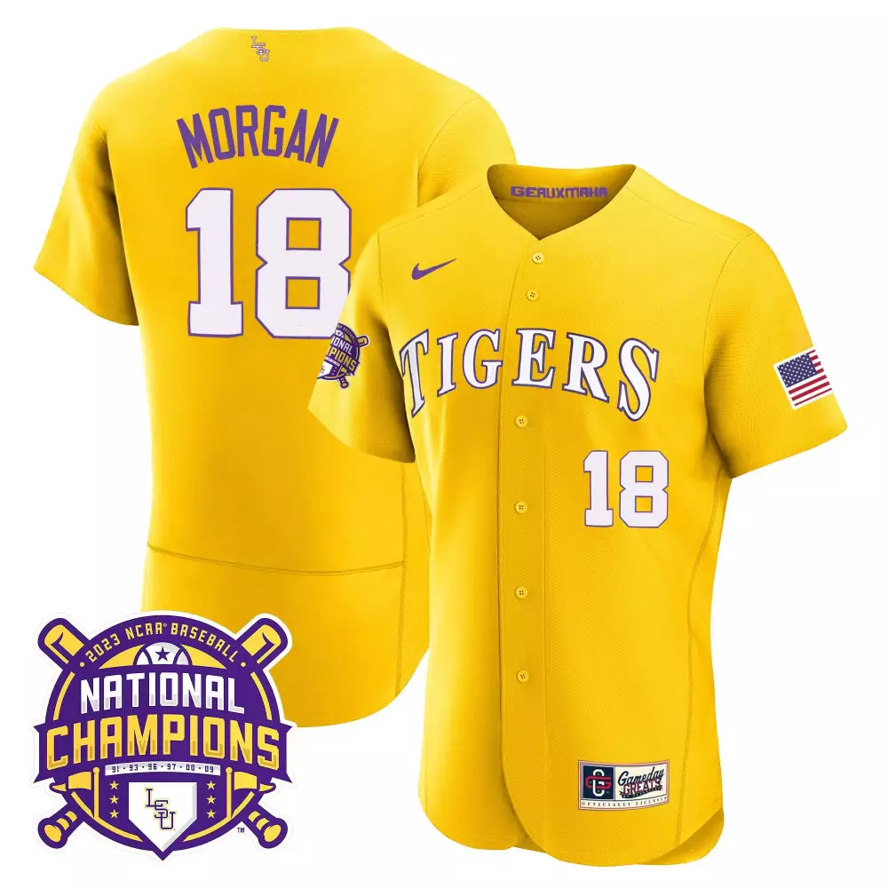 Tre Morgan 18 Tigers Jersey Yellow 2023 National Champions Baseball Men White Purple