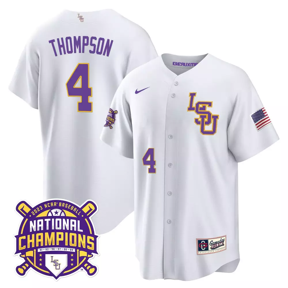 Thompson 4 Lsu Tigers Jersey White 2023 National Champions Baseball American Flag
