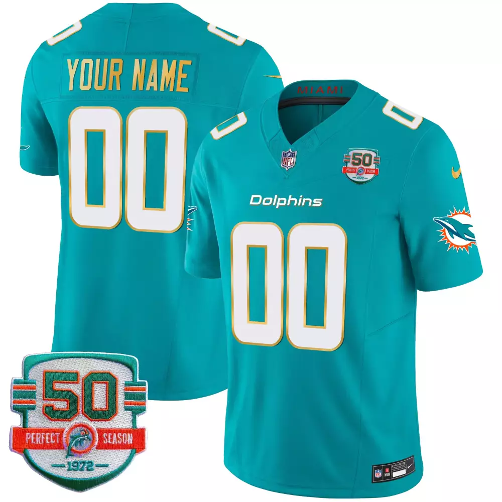 Custom Dolphins Jersey Teal 50th Perfect Season White Orange All Stitched Vapor Anniversary