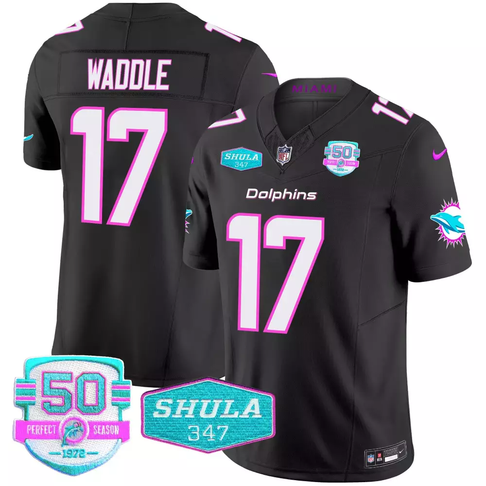 Jaylen Waddle 17 Miami Dolphins Jersey Black Perfect Season 50th Anniversary 50 1972 Shula 347 2022