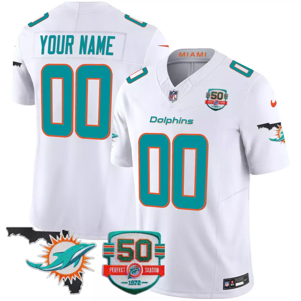 Custom Miami Dolphins Jersey White 50th Perfect Season Florida Outline Dolphin Teal