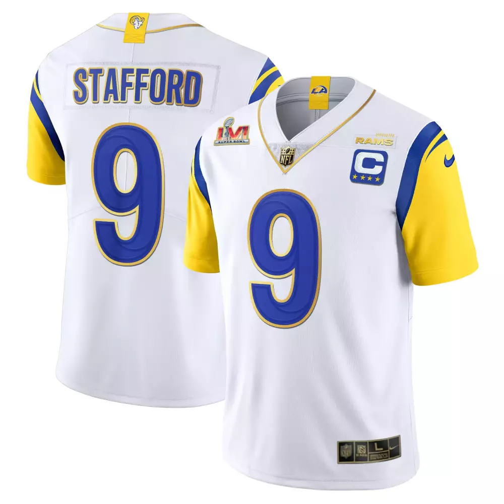 Matthew Stafford 9 Rams Jersey White Super Bowl Lvi Men NFL Blue Gold Yellow Stitched