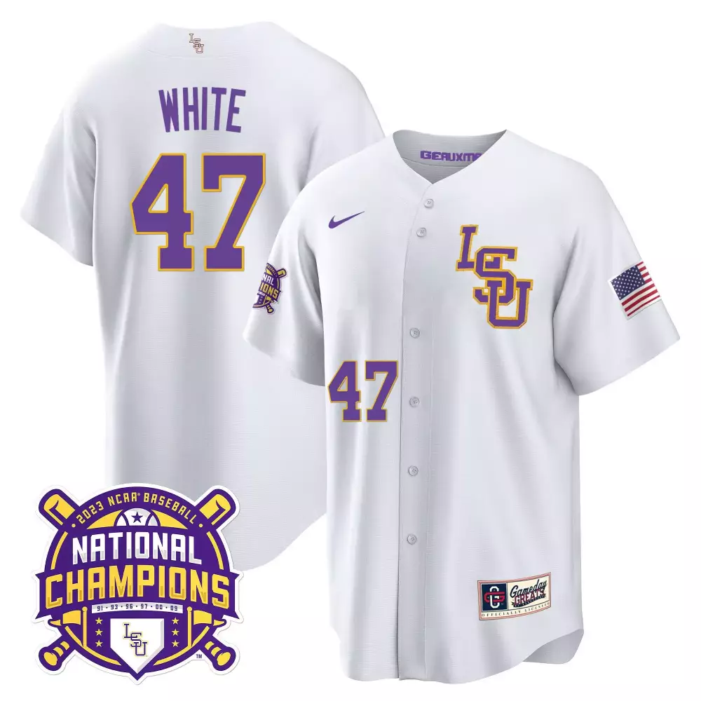 Eli White 47 Lsu Jersey 2023 Ncaa Baseball National Champions Men Purple Cool v2