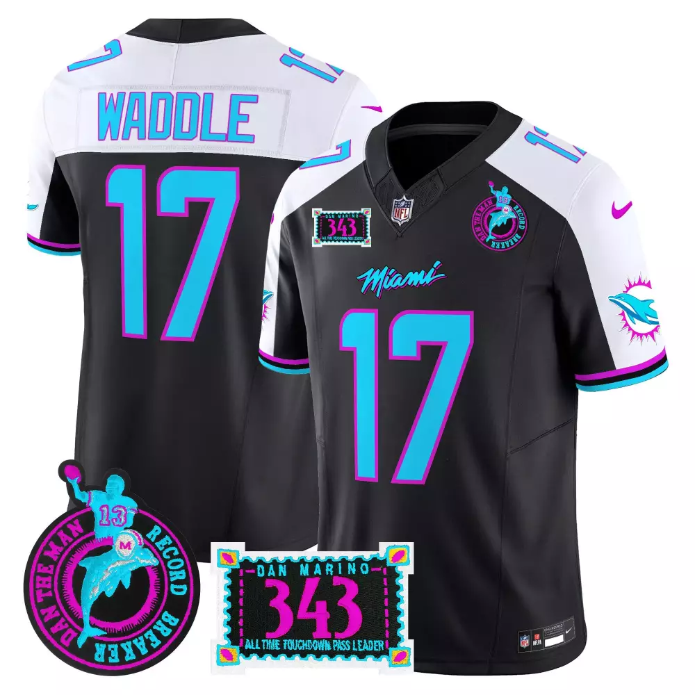 Jaylen Waddle 17 Miami Dolphins Jersey Black Aqua/pink Throwback Dan Man Record Breaker