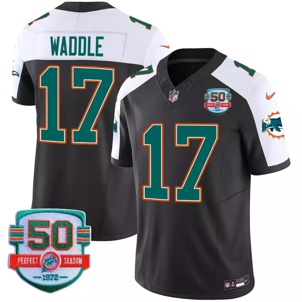 Jaylen Waddle 17 Miami Dolphins Jersey Black 50th Season 50 Perfect 1972 Men Player