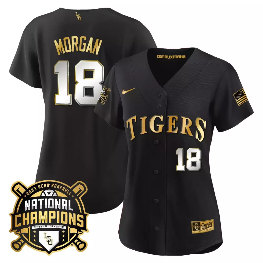 Tre Morgan 18 Tigers Jersey Black 2023 National Champions Baseball American Flag