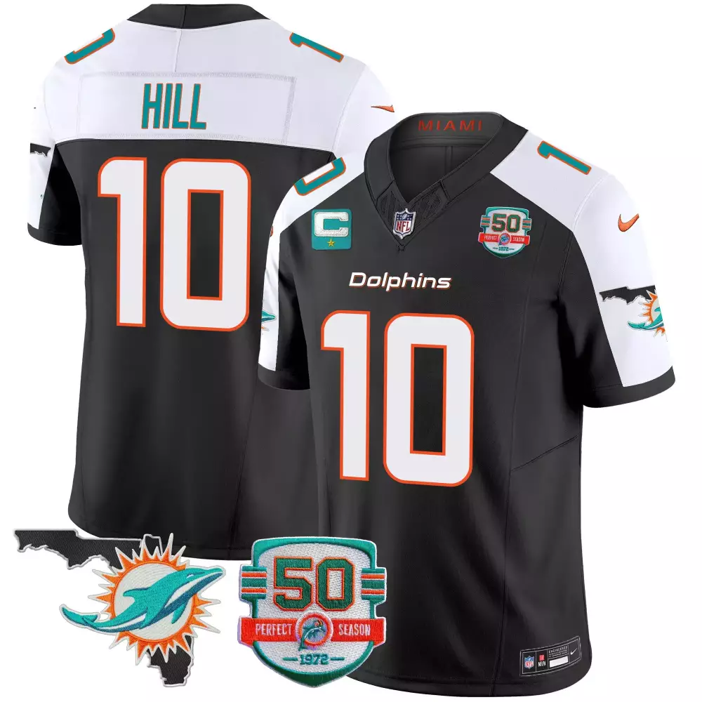 Tyreek Hill 10 Miami Dolphins Jersey Black 50th Season 50 Perfect 1972 Men Alternate